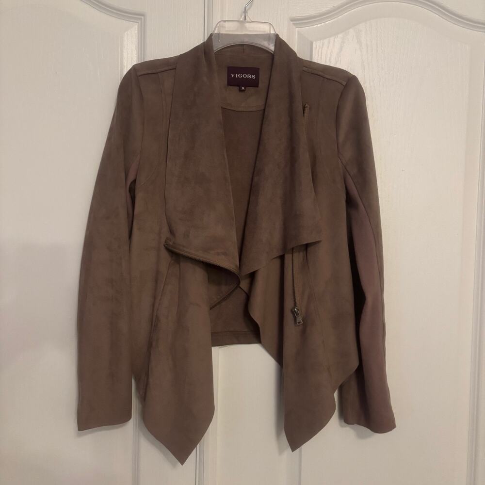 VIGOSS Faux Suede Waterfall Moto Jacket Women's Small Brown Draped Open Front